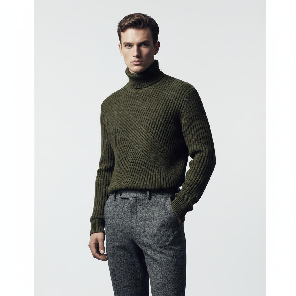 Stonehenge Textures Menswear Set: Ribbed Turtleneck & Tailored Trouser Combo for Smart Casual Style