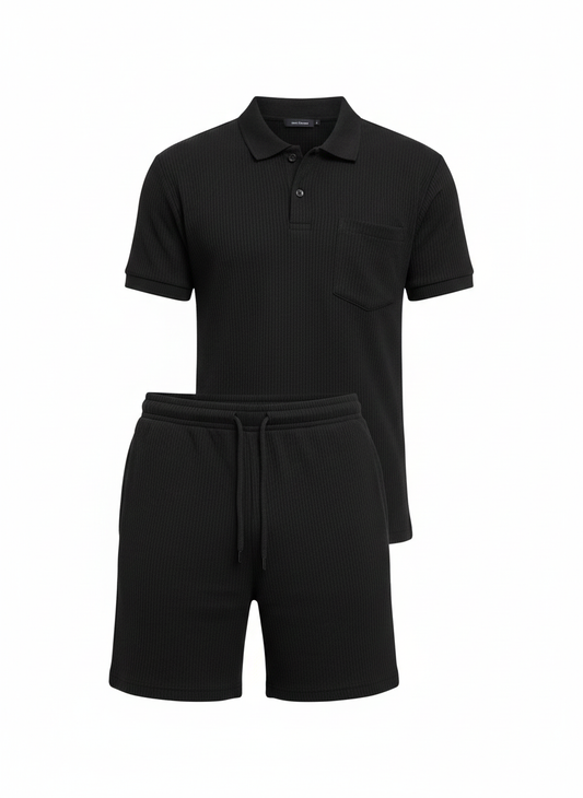 Men's Plus Size Short Sleeve Set with Button Detail - Full Size Top and Shorts