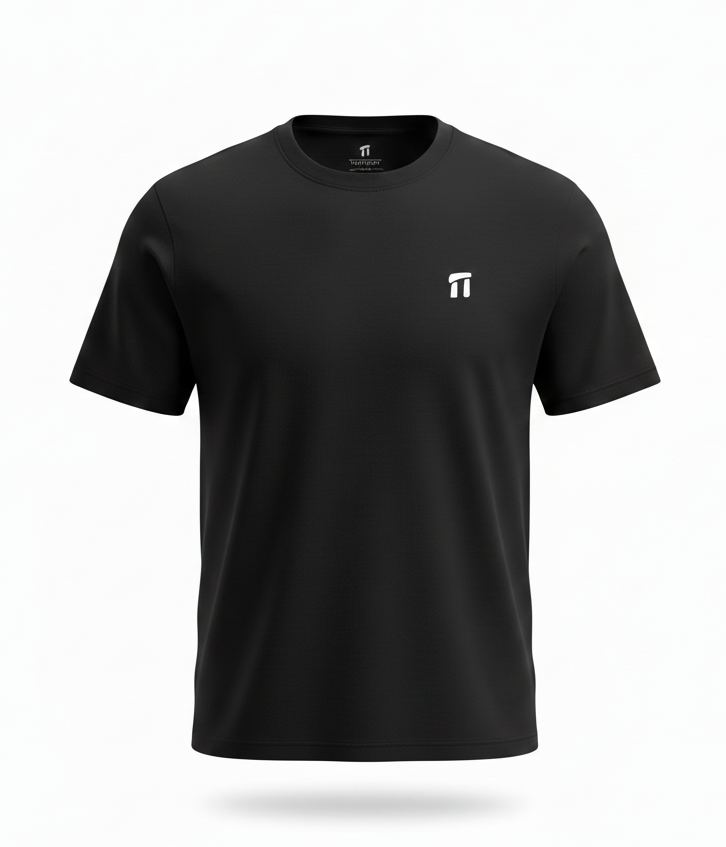 Black t-shirt with a small logo on a white background