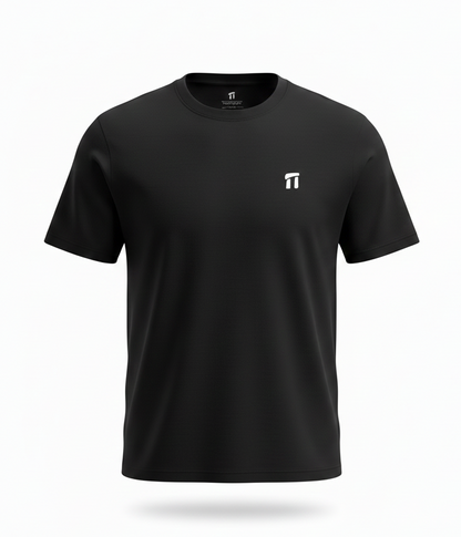 Black t-shirt with a small logo on a white background