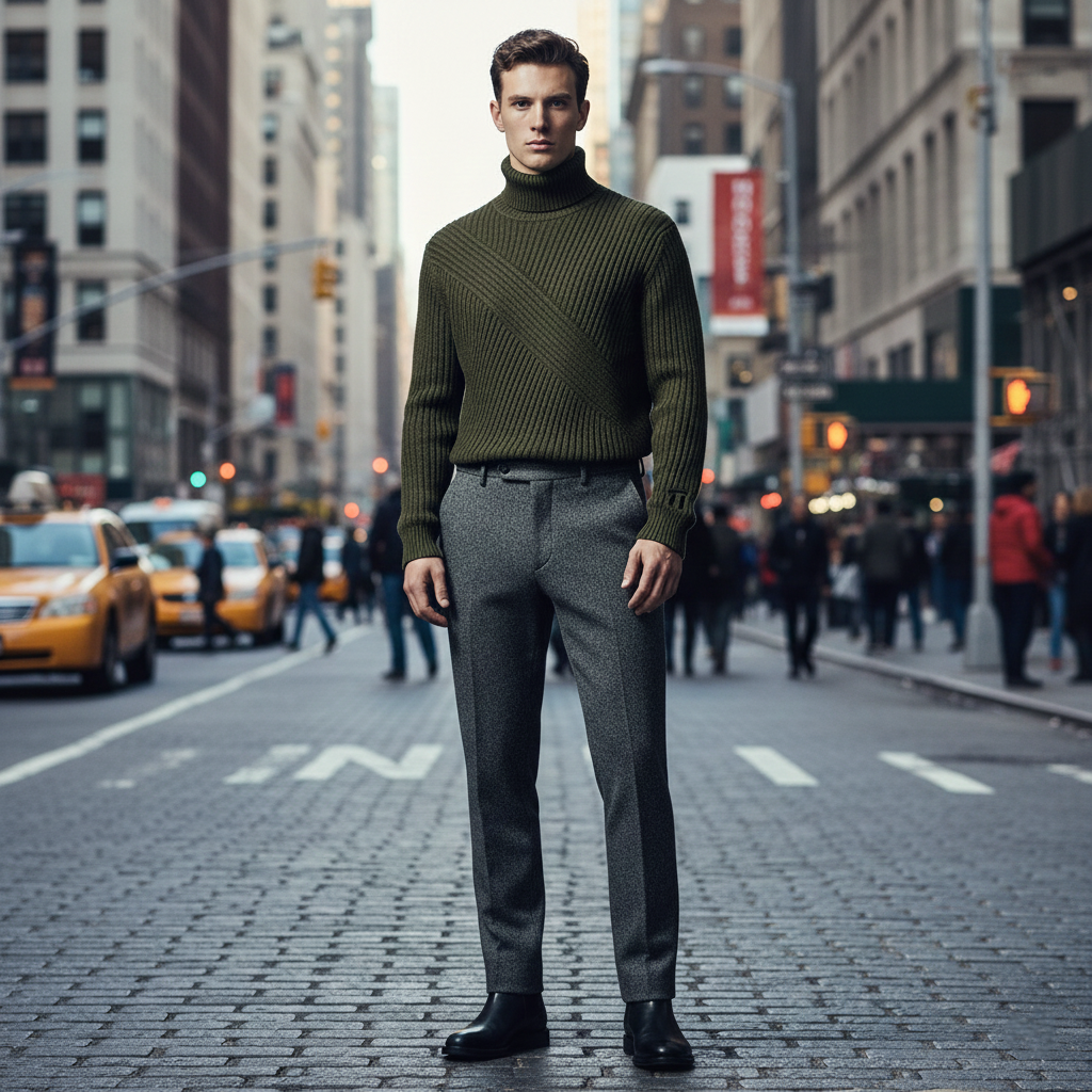 Stonehenge Textures Ribbed Turtleneck & Tailored Trouser Set – Smart Casual Menswear
