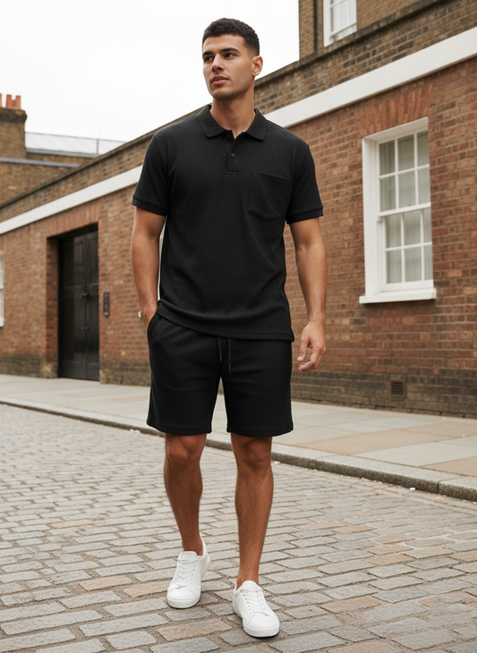 Men's Plus Size Short Sleeve Set with Button Detail - Full Size Top and Shorts