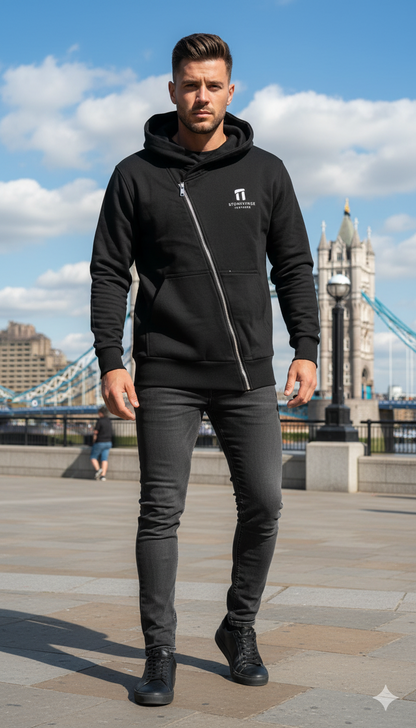 Stonehenge Textures Black Hoodie Unisex Asymmetric Organic Cotton Sustainable Luxury Streetwear