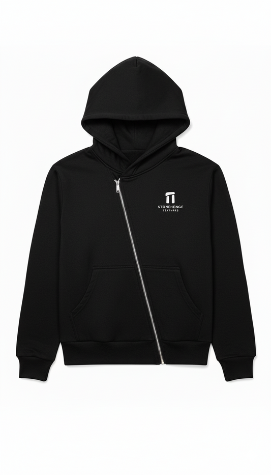 Stonehenge Textures Black Hoodie Unisex Asymmetric Organic Cotton Sustainable Luxury Streetwear