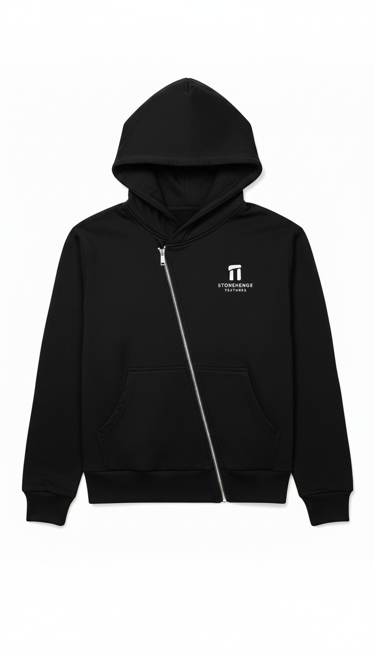 Stonehenge Textures Black Hoodie Unisex Asymmetric Organic Cotton Sustainable Luxury Streetwear