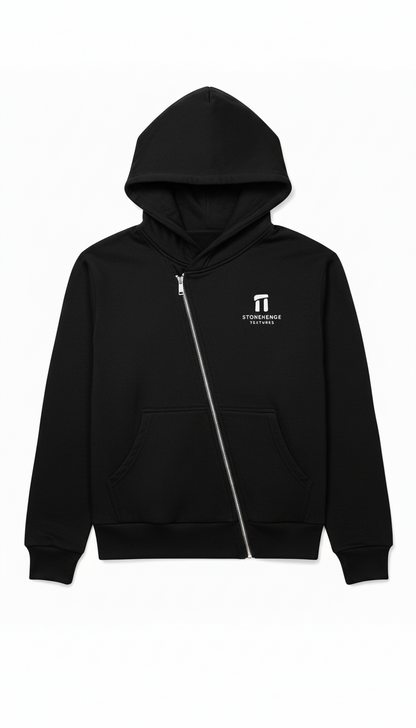 Stonehenge Textures Black Hoodie Unisex Asymmetric Organic Cotton Sustainable Luxury Streetwear