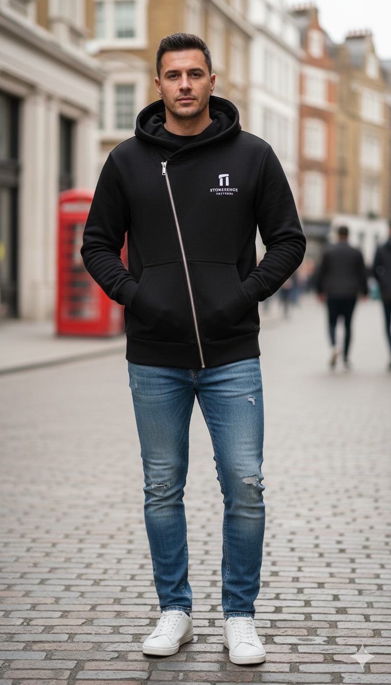 Stonehenge Textures Black Hoodie Unisex Asymmetric Organic Cotton Sustainable Luxury Streetwear