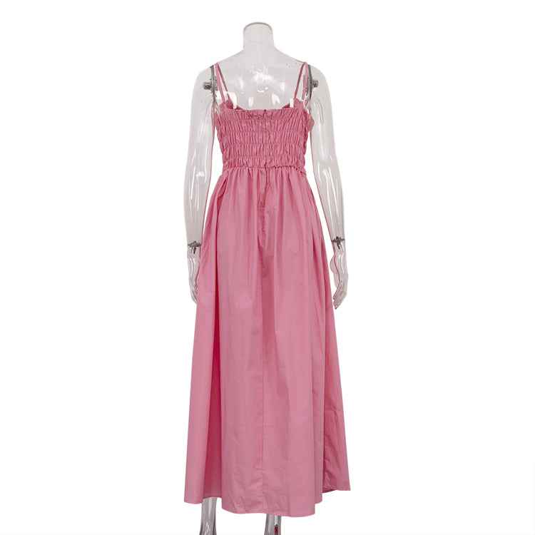 Stonehenge Texture Pleated Maxi Dress Back-Zip Spaghetti Strap Cotton Slip Dress with Pockets