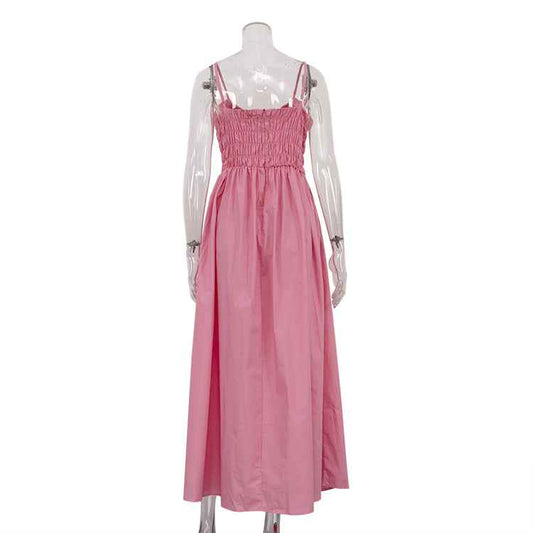 Stonehenge Texture Pleated Maxi Dress Back-Zip Spaghetti Strap Cotton Slip Dress with Pockets