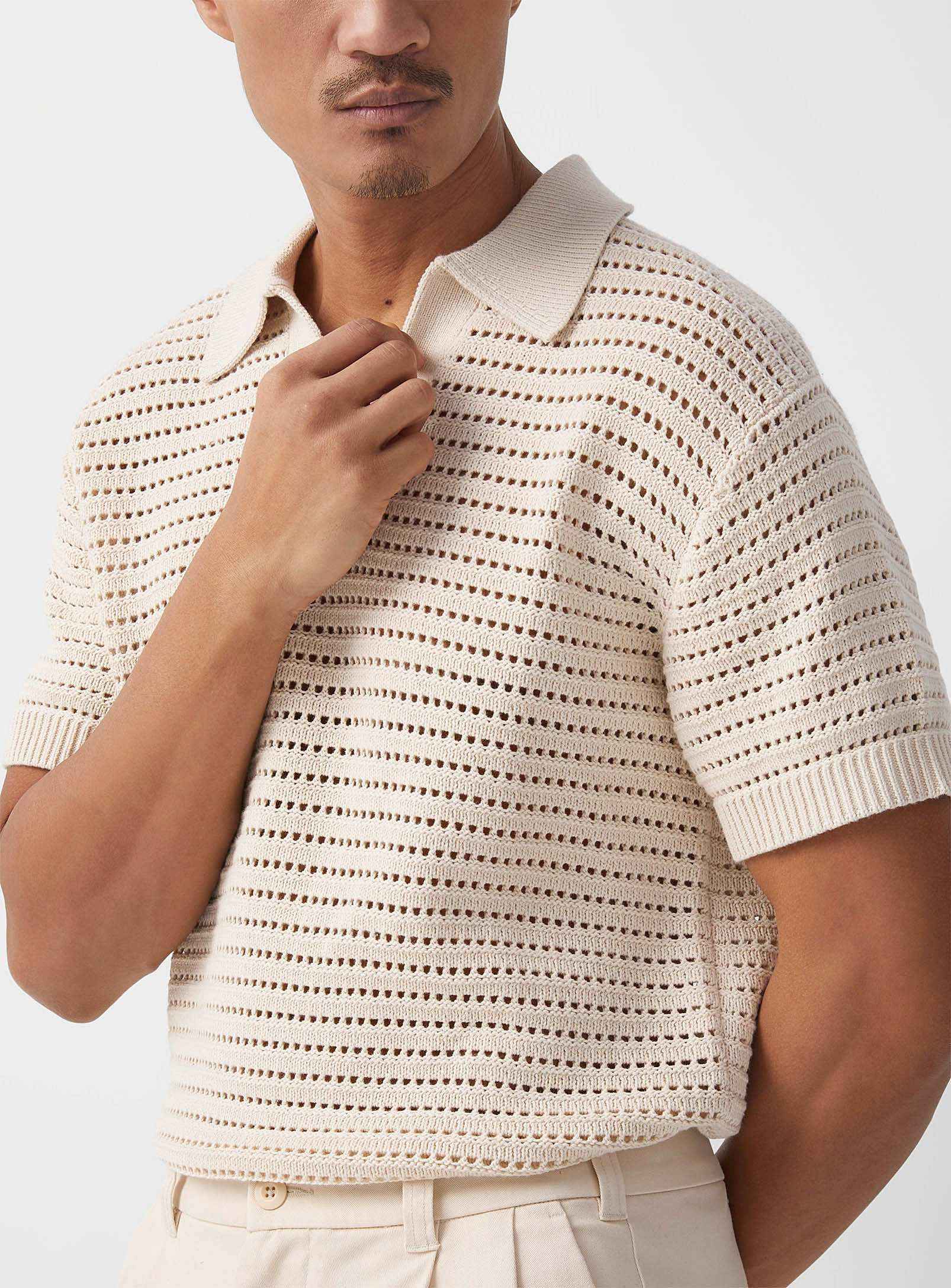 Stonehenge Texture Hollow-Knit Mesh Polo Shirt Luxury Crochet Sweater