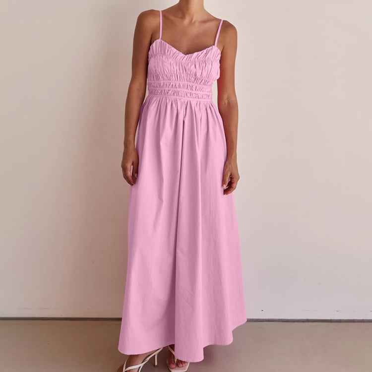 Stonehenge Texture Pleated Maxi Dress Back-Zip Spaghetti Strap Cotton Slip Dress with Pockets