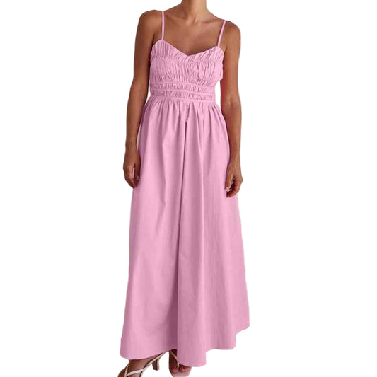 Stonehenge Texture Pleated Maxi Dress Back-Zip Spaghetti Strap Cotton Slip Dress with Pockets