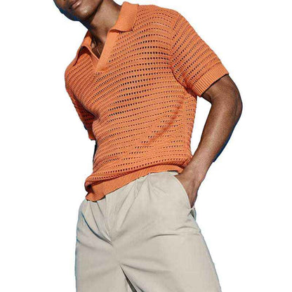Stonehenge Texture Hollow-Knit Mesh Polo Shirt Luxury Crochet Sweater
