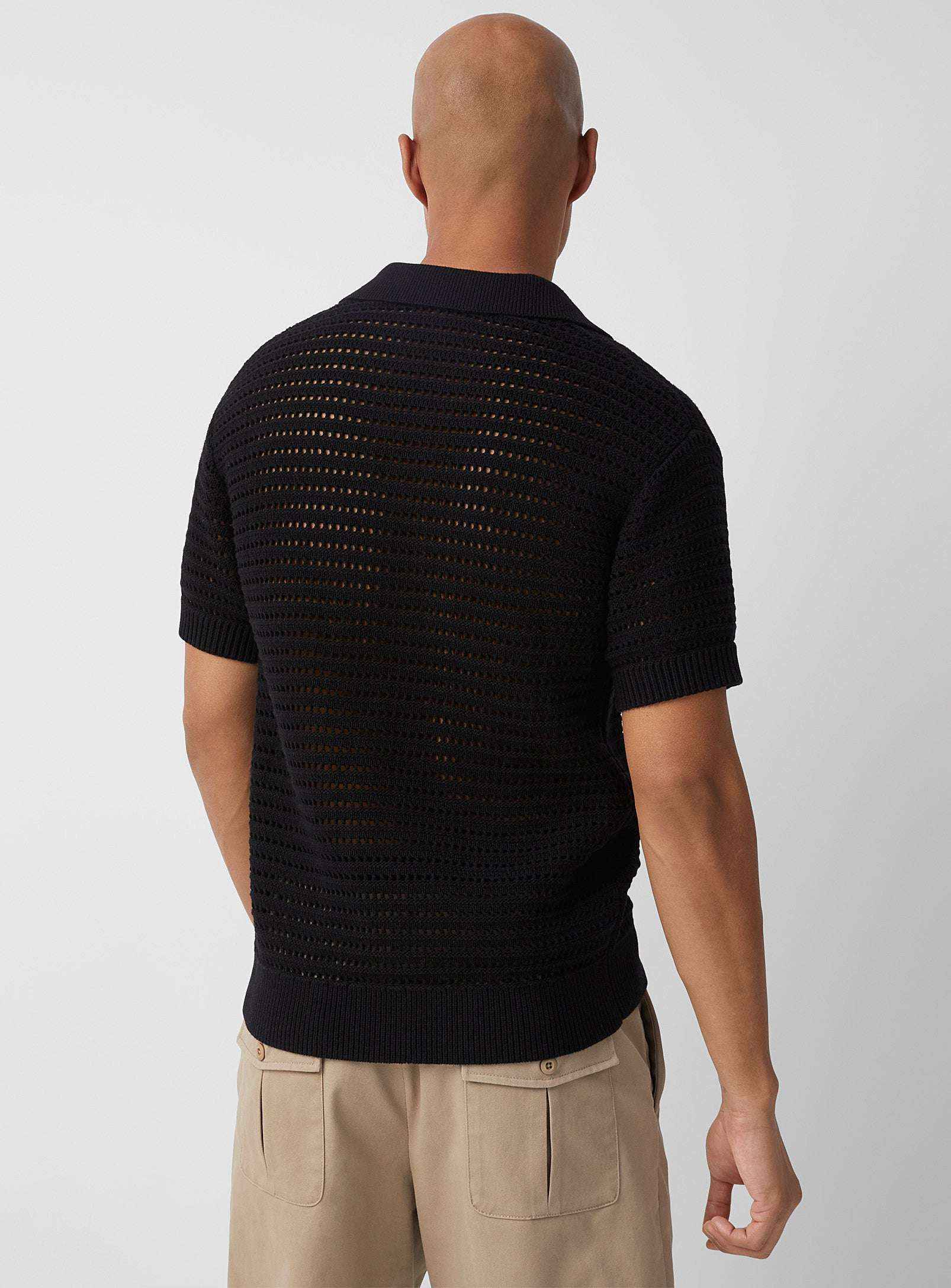 Stonehenge Texture Hollow-Knit Mesh Polo Shirt Luxury Crochet Sweater