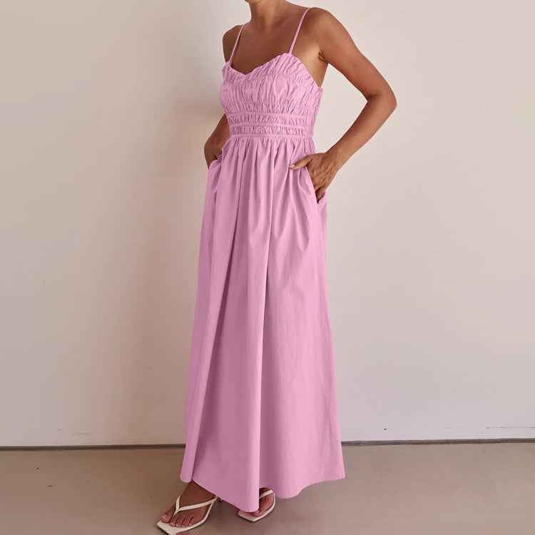 Stonehenge Texture Pleated Maxi Dress Back-Zip Spaghetti Strap Cotton Slip Dress with Pockets