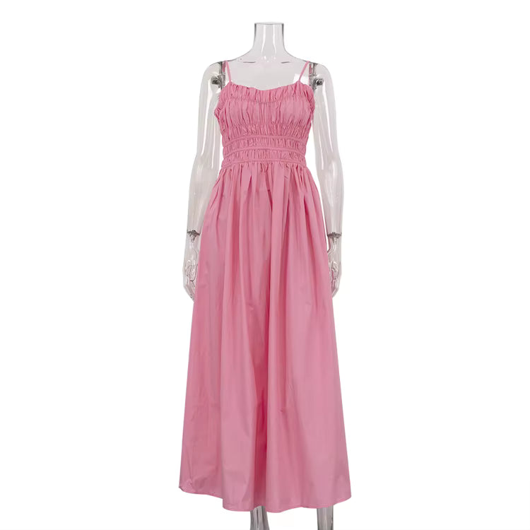 Stonehenge Texture Pleated Maxi Dress Back-Zip Spaghetti Strap Cotton Slip Dress with Pockets - Stonehenge Texture