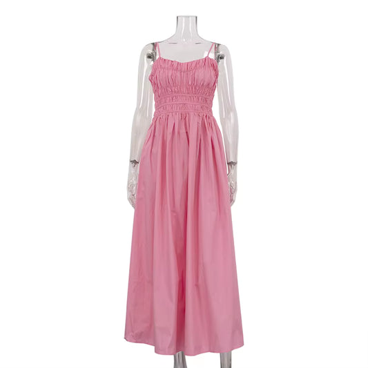 Stonehenge Texture Pleated Maxi Dress Back-Zip Spaghetti Strap Cotton Slip Dress with Pockets - Stonehenge Texture