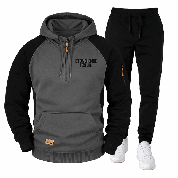 Stonehenge Texture Men’s Tech Fleece Tracksuit Set – Hoodie & Joggers (Grey & Black)