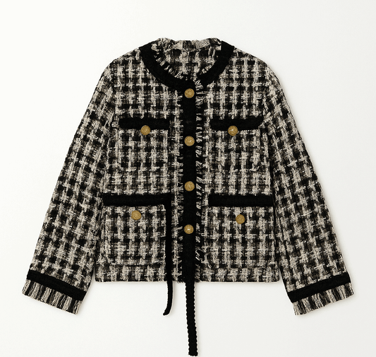 Stonehenge Texture Signature Black Tweed Jacket Women’s Luxury Checkered Blazer with Gold Buttons