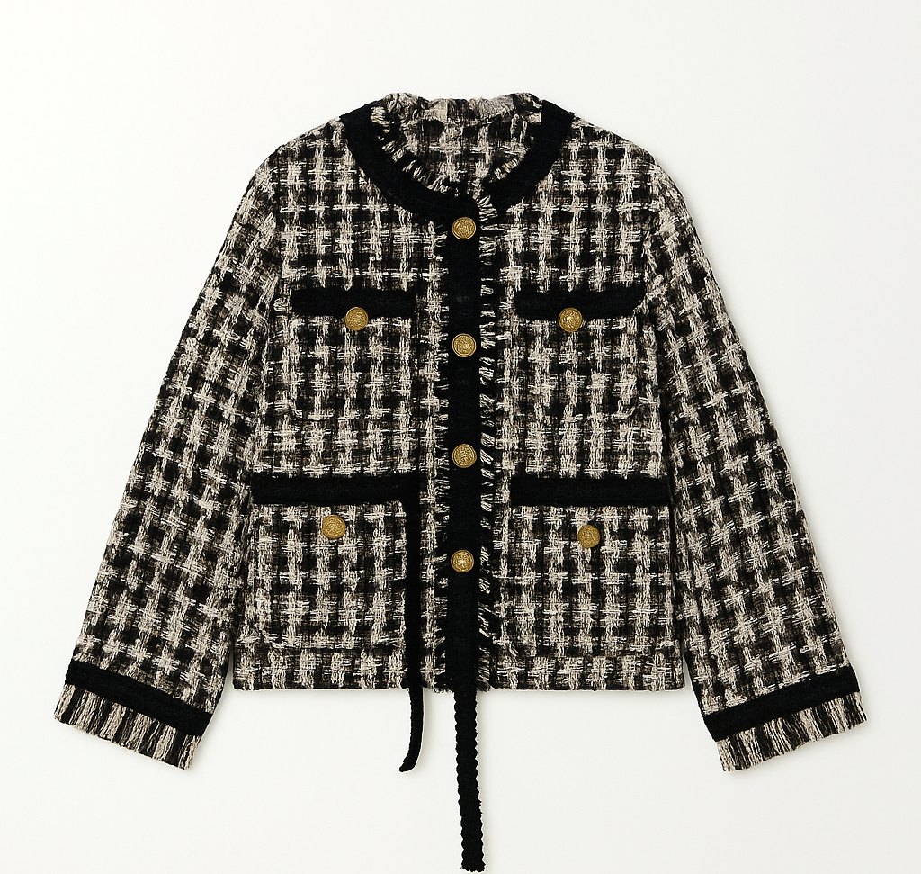 Stonehenge Texture Signature Black Tweed Jacket Women’s Luxury Checkered Blazer with Gold Buttons Stonehenge Texture