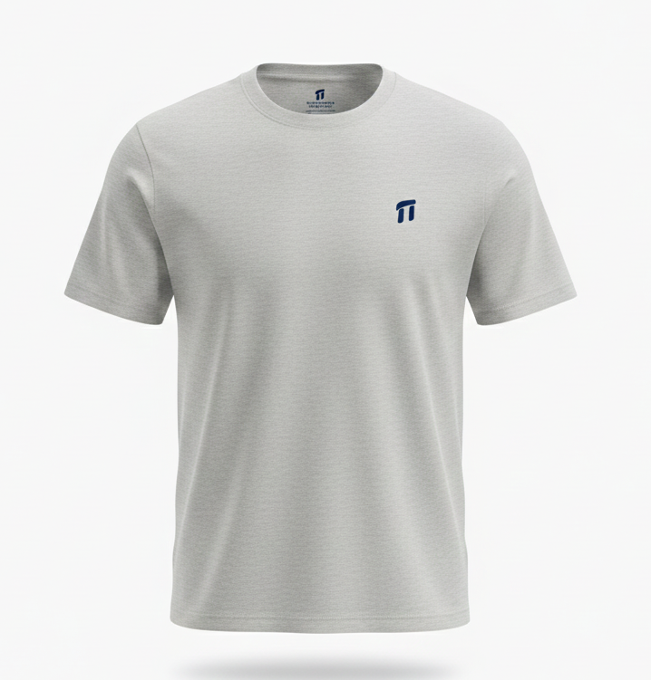 Gray t-shirt with a small logo on a white background