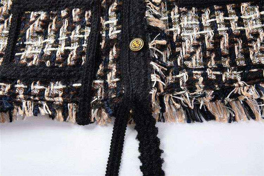 Stonehenge Texture Signature Black Tweed Jacket Women’s Luxury Checkered Blazer with Gold Buttons