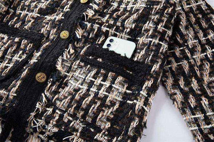 Stonehenge Texture Signature Black Tweed Jacket Women’s Luxury Checkered Blazer with Gold Buttons