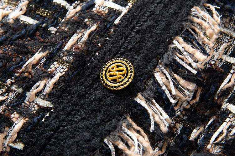 Stonehenge Texture Signature Black Tweed Jacket Women’s Luxury Checkered Blazer with Gold Buttons