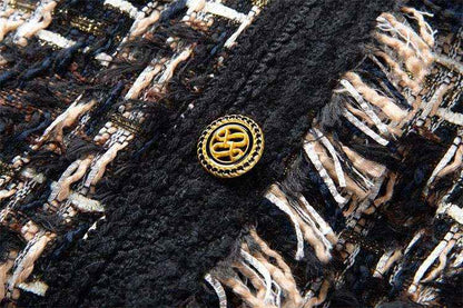 Stonehenge Texture Signature Black Tweed Jacket Women’s Luxury Checkered Blazer with Gold Buttons