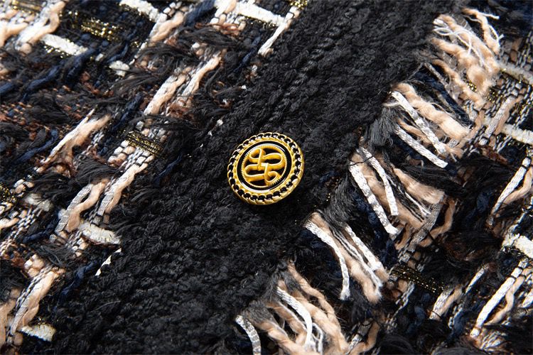 Stonehenge Texture Signature Black Tweed Jacket Women’s Luxury Checkered Blazer with Gold Buttons Stonehenge Texture