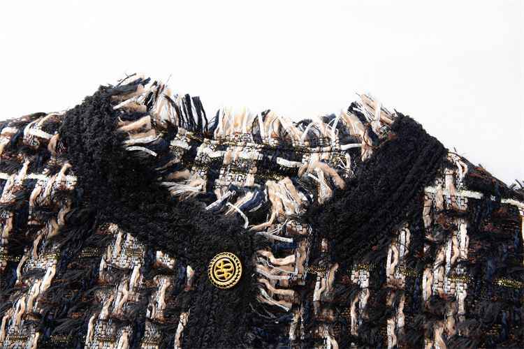 Stonehenge Texture Signature Black Tweed Jacket Women’s Luxury Checkered Blazer with Gold Buttons