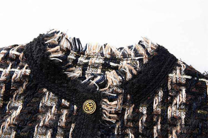 Stonehenge Texture Signature Black Tweed Jacket Women’s Luxury Checkered Blazer with Gold Buttons