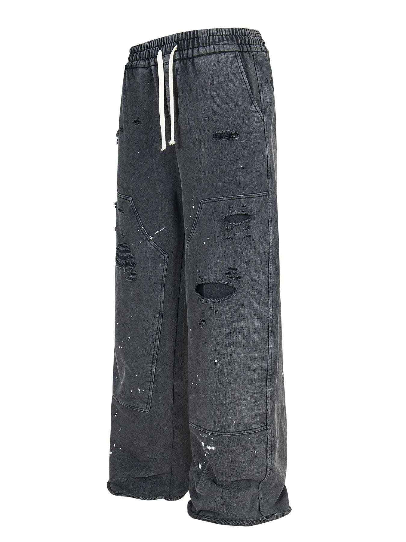 Heritage-Distressed Wide Leg Jeans with Drawstring Waist 100% Cotton