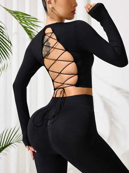 Stonehenge Textures Lace-Up Back Round Neck Top and Leggings Active Set