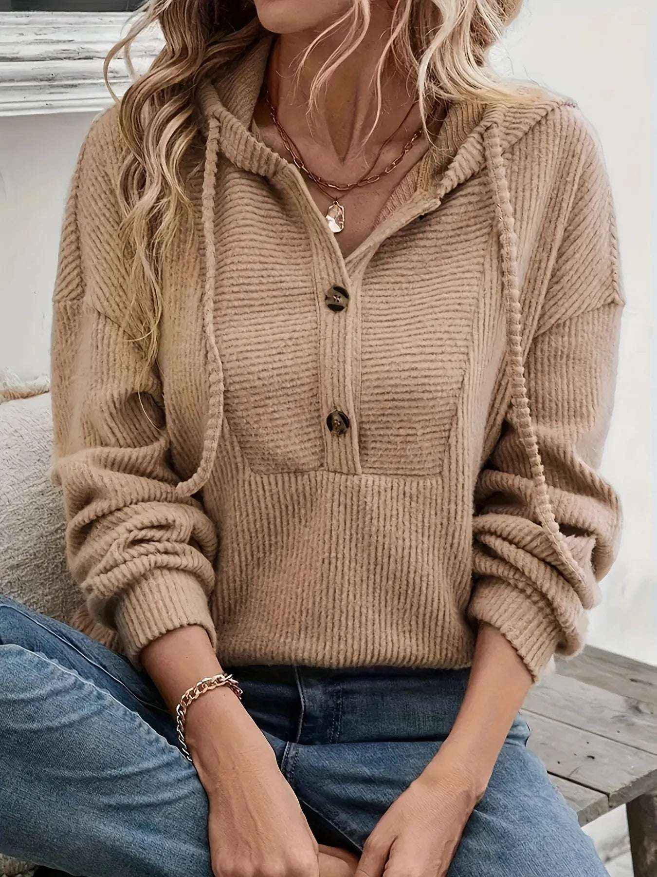 Women’s Ribbed Drawstring Button Front Hoodie Casual Long Sleeve Pullover Top