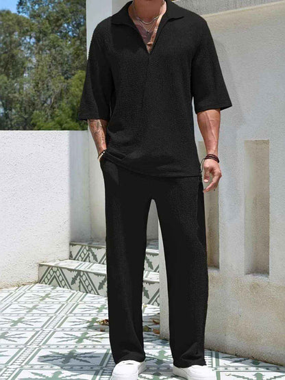 Men’s Johnny Collar Half Sleeve Top & Pants Set 2 Piece Outfit Casual Summer Lounge Wear Tracksuit