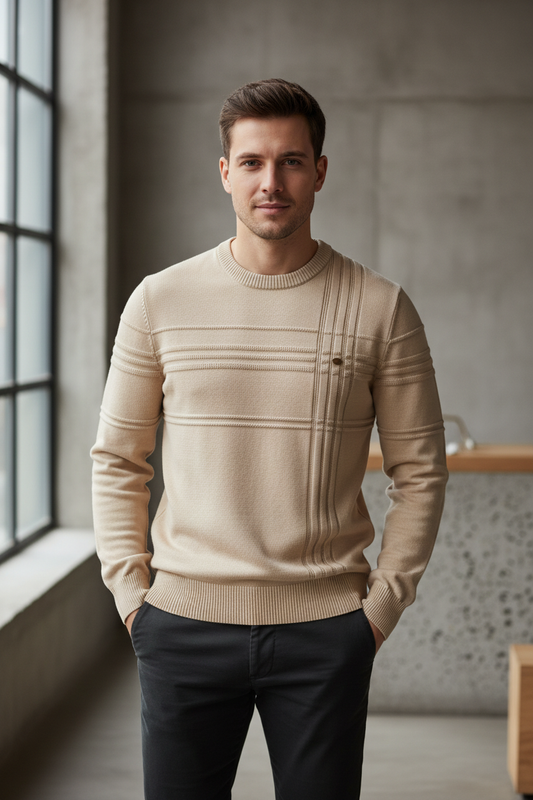 Beige cream textured sweater lifestyle shot