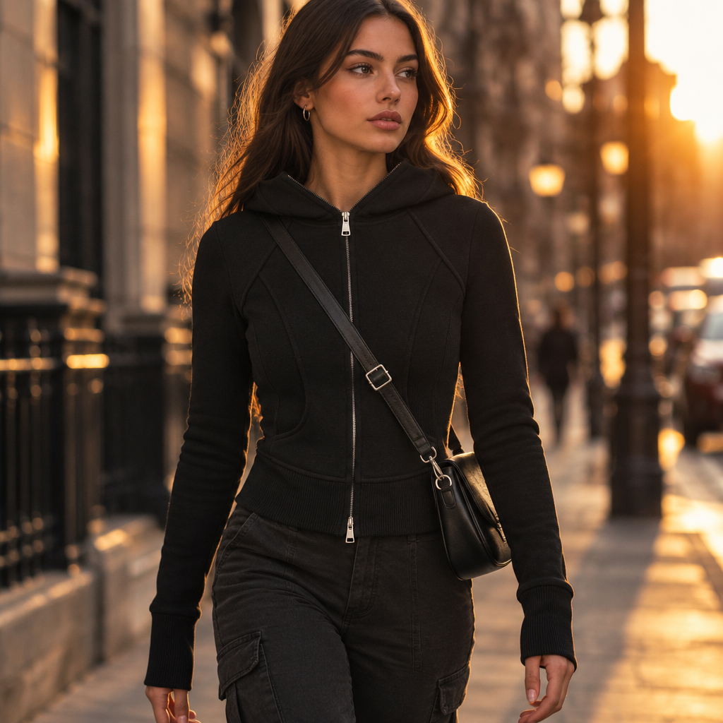 Black hoodie, city street at golden hour