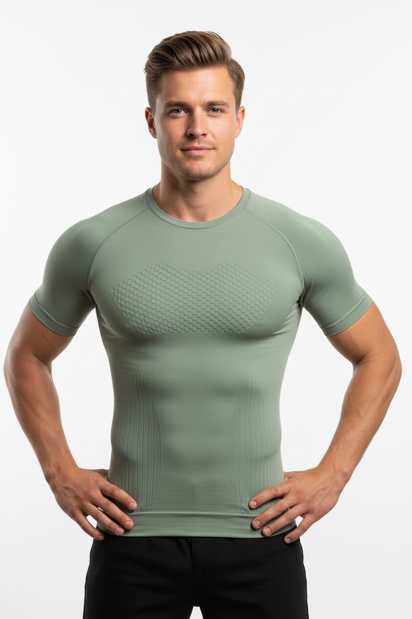 British Model in Sage Green Compression T-Shirt