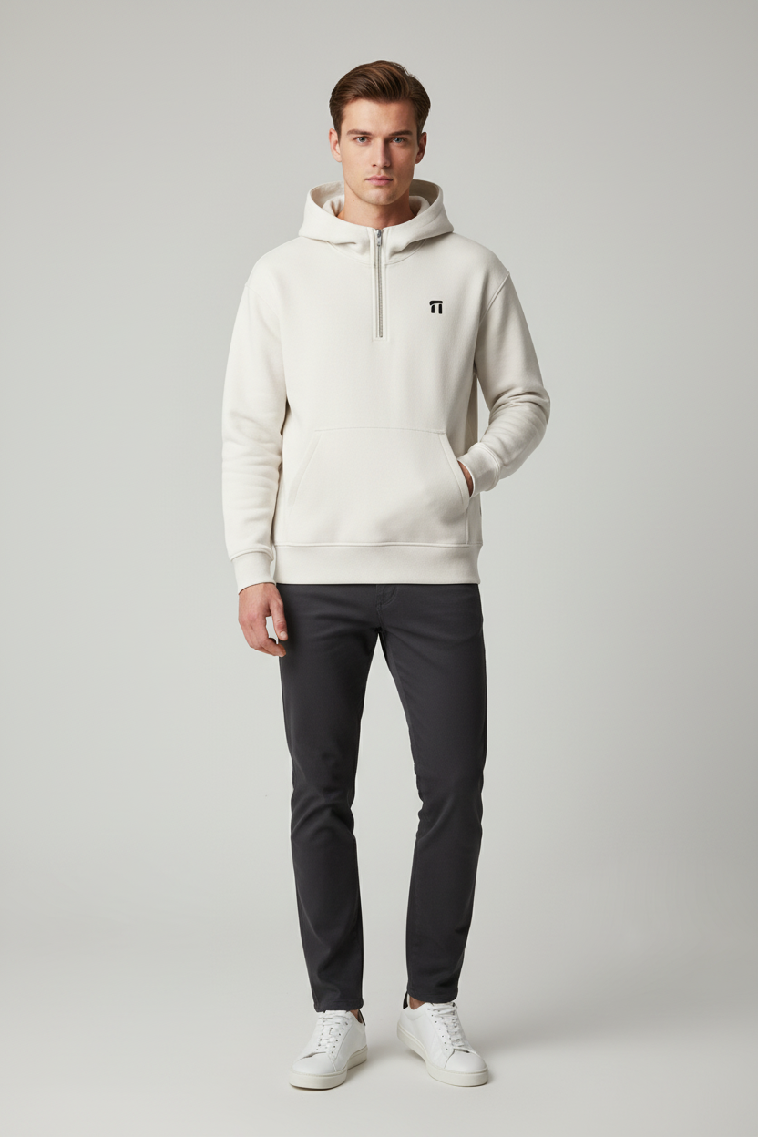 British model wearing white Stonehenge hoodie