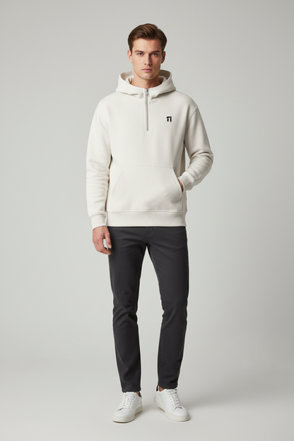 British model wearing white Stonehenge hoodie