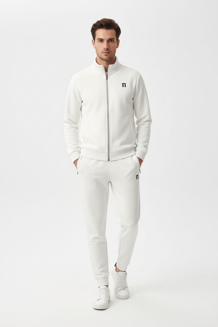 British model wearing white tracksuit