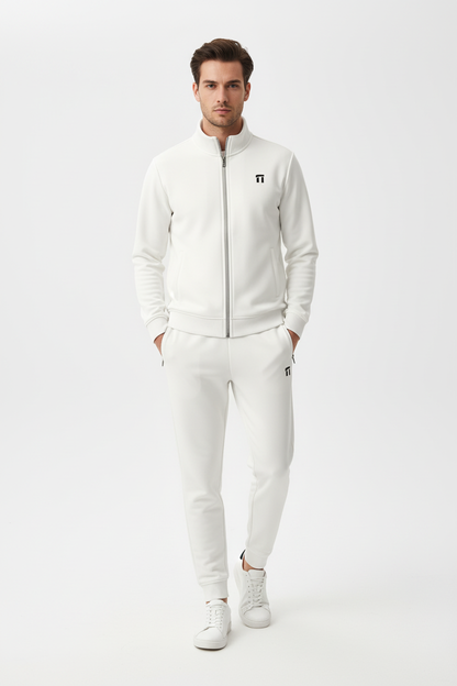 British model wearing white tracksuit
