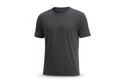 Person wearing a plain dark gray t-shirt on a light gray background