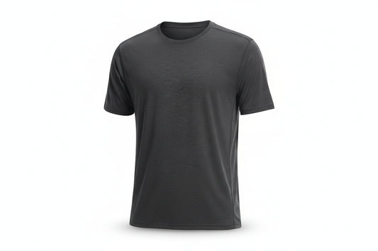 Person wearing a plain dark gray t-shirt on a light gray background