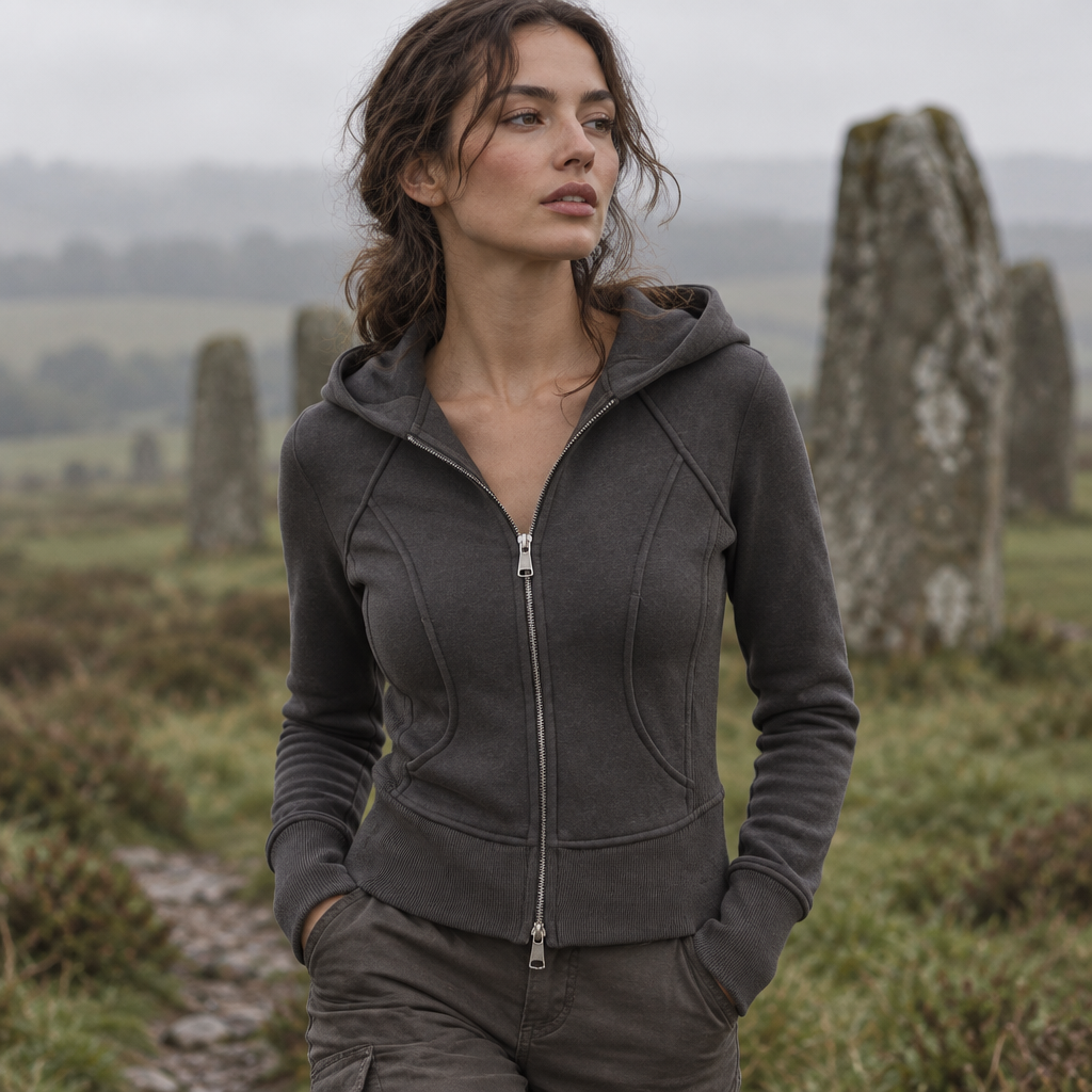 Charcoal Gray hoodie, countryside walk near standing stones