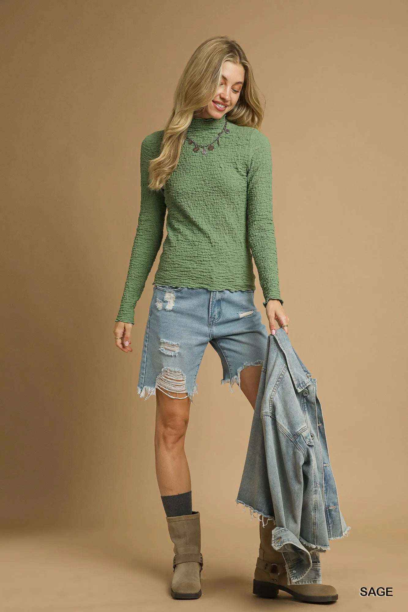 Stonehenge Textures Crinkle Knit Long Sleeve Top – Stylish Versatile Knitwear for Women