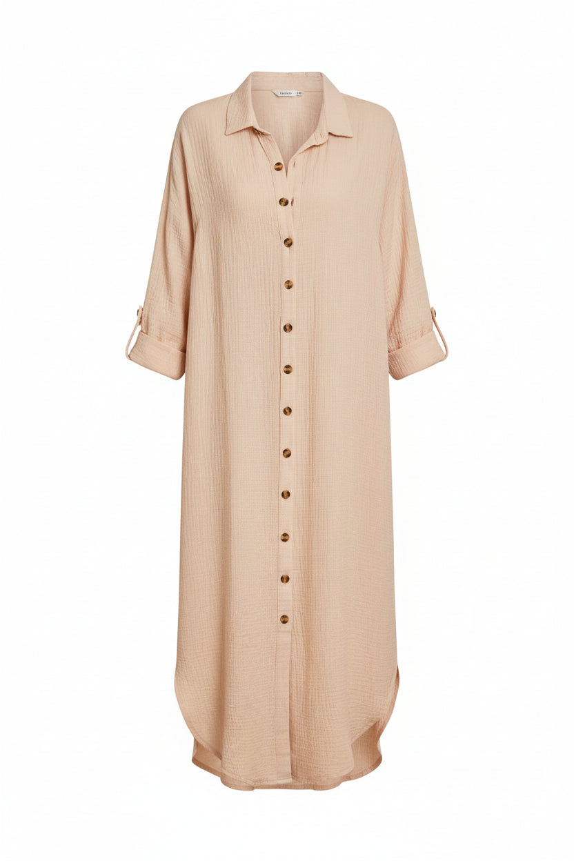 Button Front Textured Slit Shirt Dress
