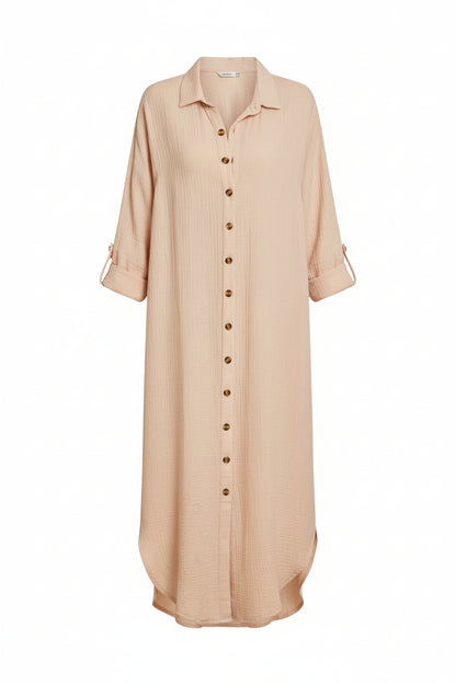 Button Front Textured Slit Shirt Dress