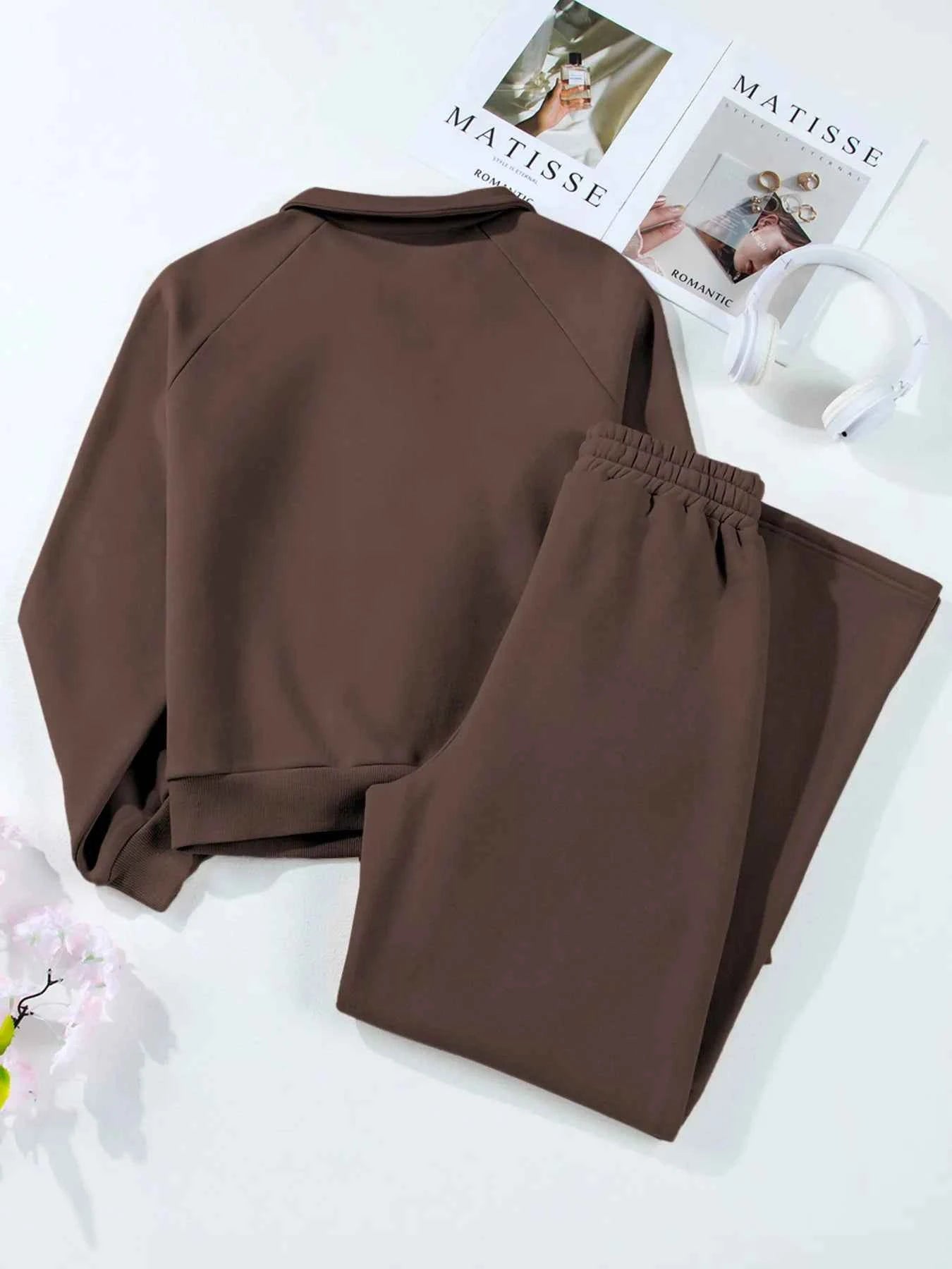 Collared Sweatshirt and High Waist Pants Active Set